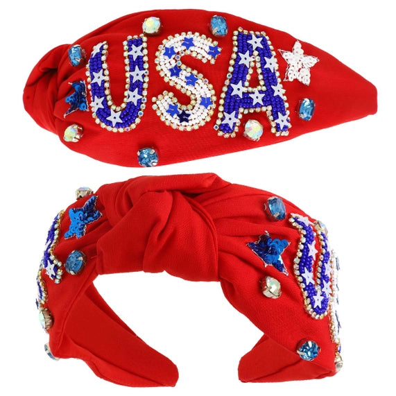 USA Patriotic Lettering Jeweled Beaded Headbands