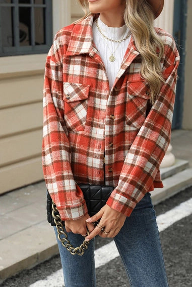 Orange Plaid Button Up Pockets Shacket