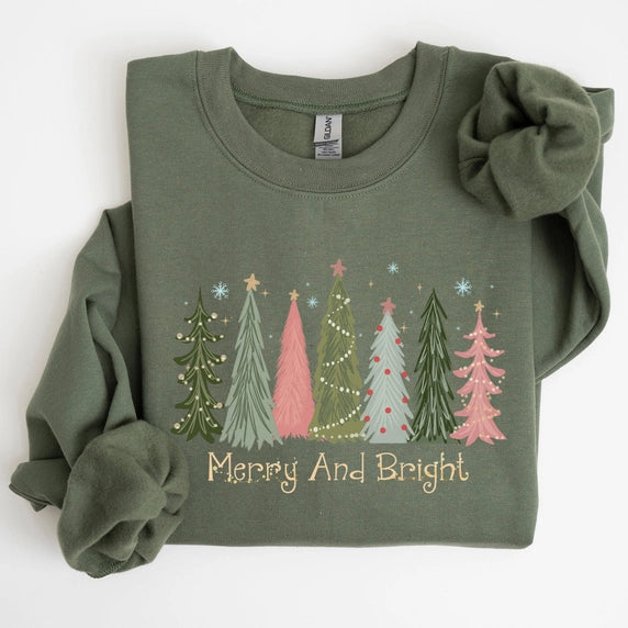 Merry and Bright Christmas Trees Winter Snow Sweatshirt