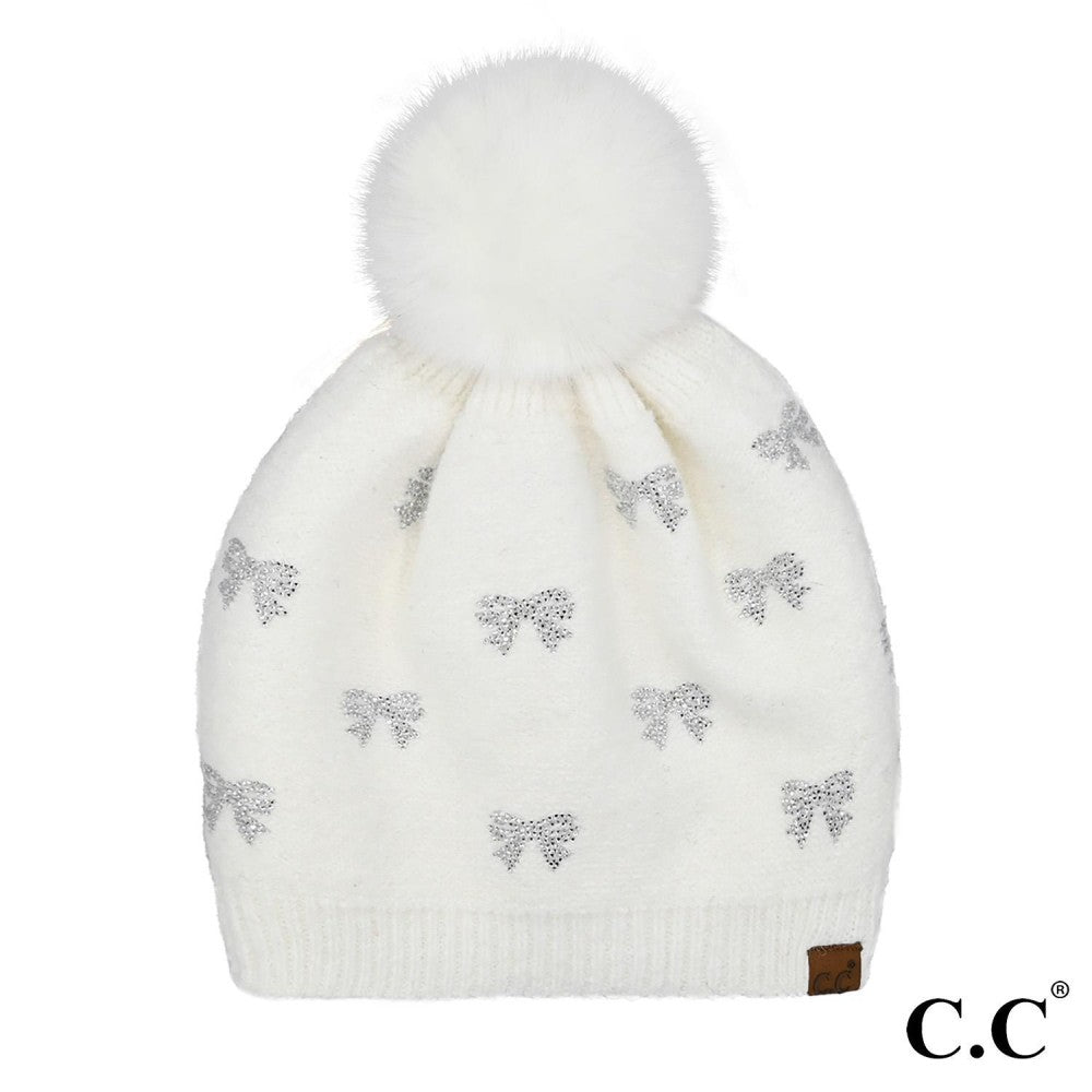 Allover Rhinestone Mini Bow Pom Beanie