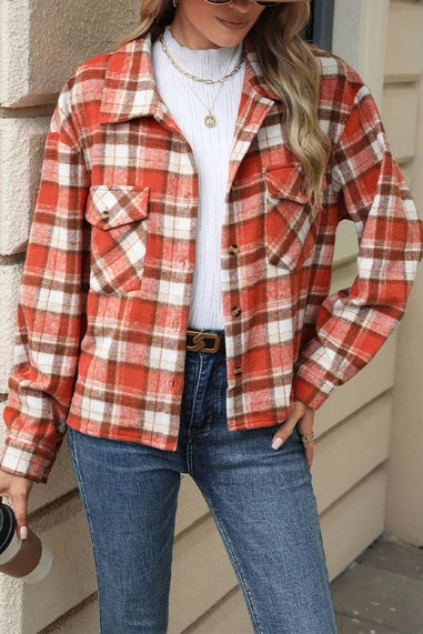 Orange Plaid Button Up Pockets Shacket