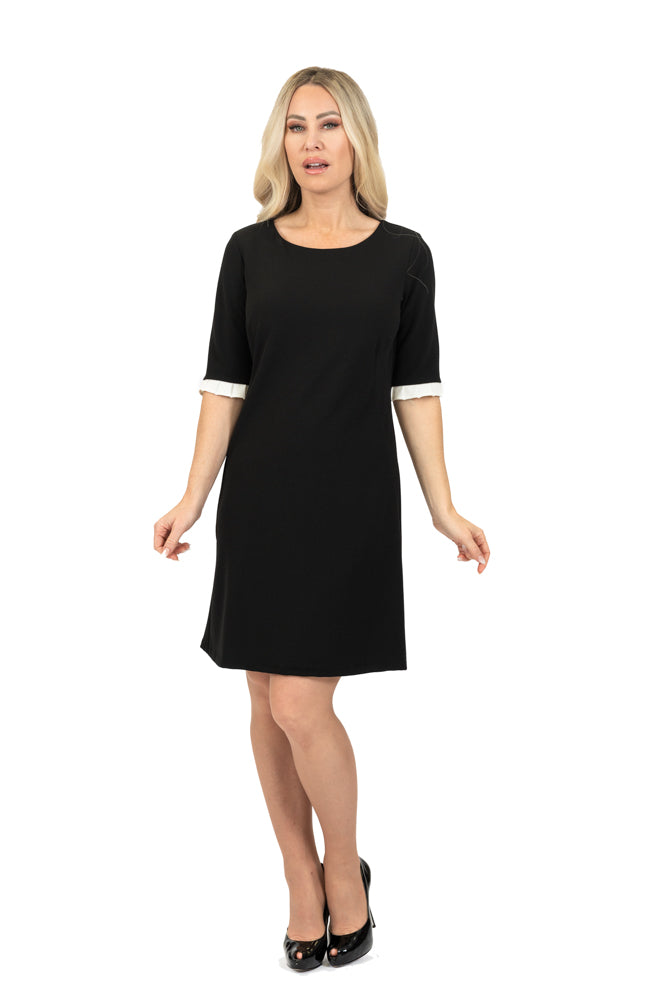 Lauren Perre Short-Sleeved Black Dress with Ivory Sleeve Trim