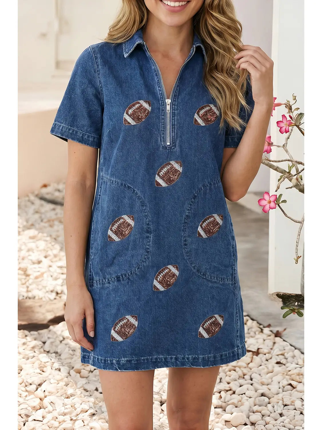 Game Day Football Sequin Quarter-Zip Dress
