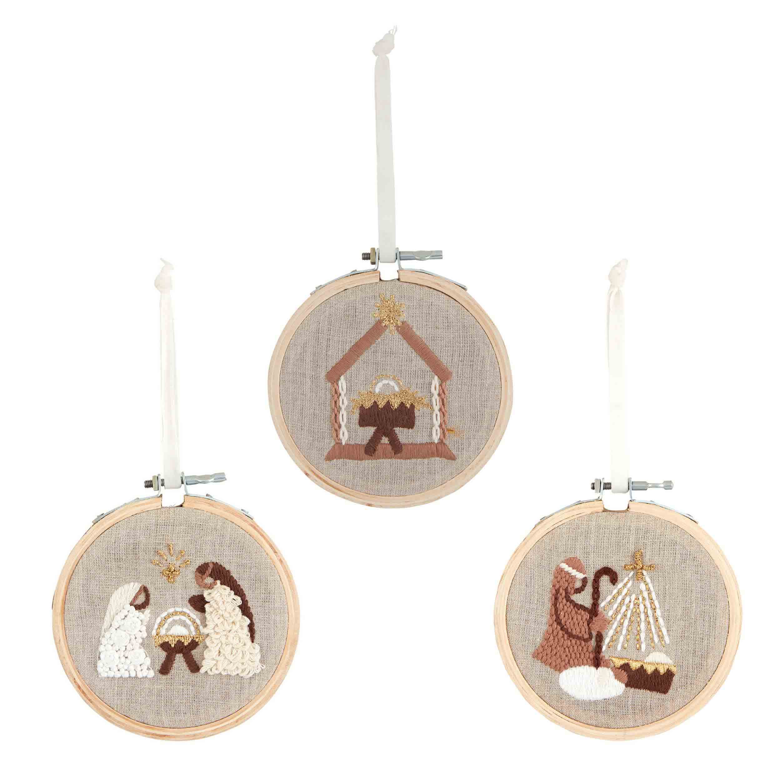 Mudpie Embroidered Linen Wood Hoop Ornaments