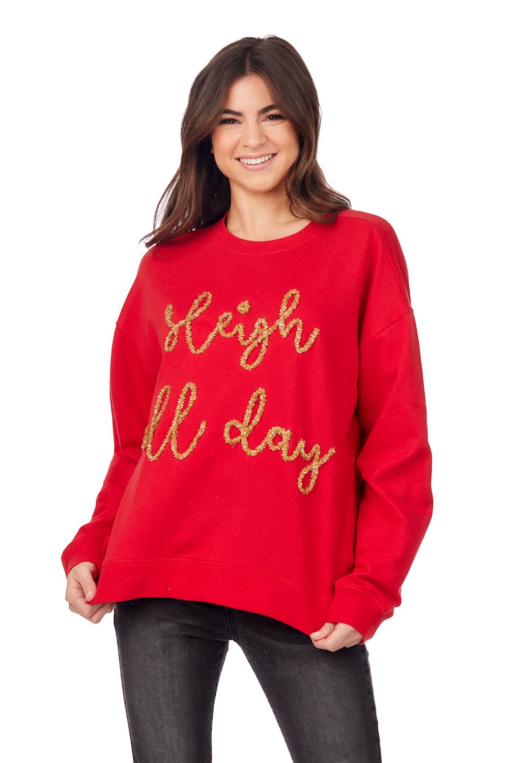 Mudpie Red Christmas "Sleigh All Day" Sparkle Sweatshirt