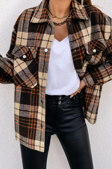 Brown Plaid Button Up Pockets Shacket