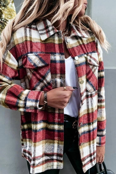 Plaid Flannel Shacket Jacket- Red