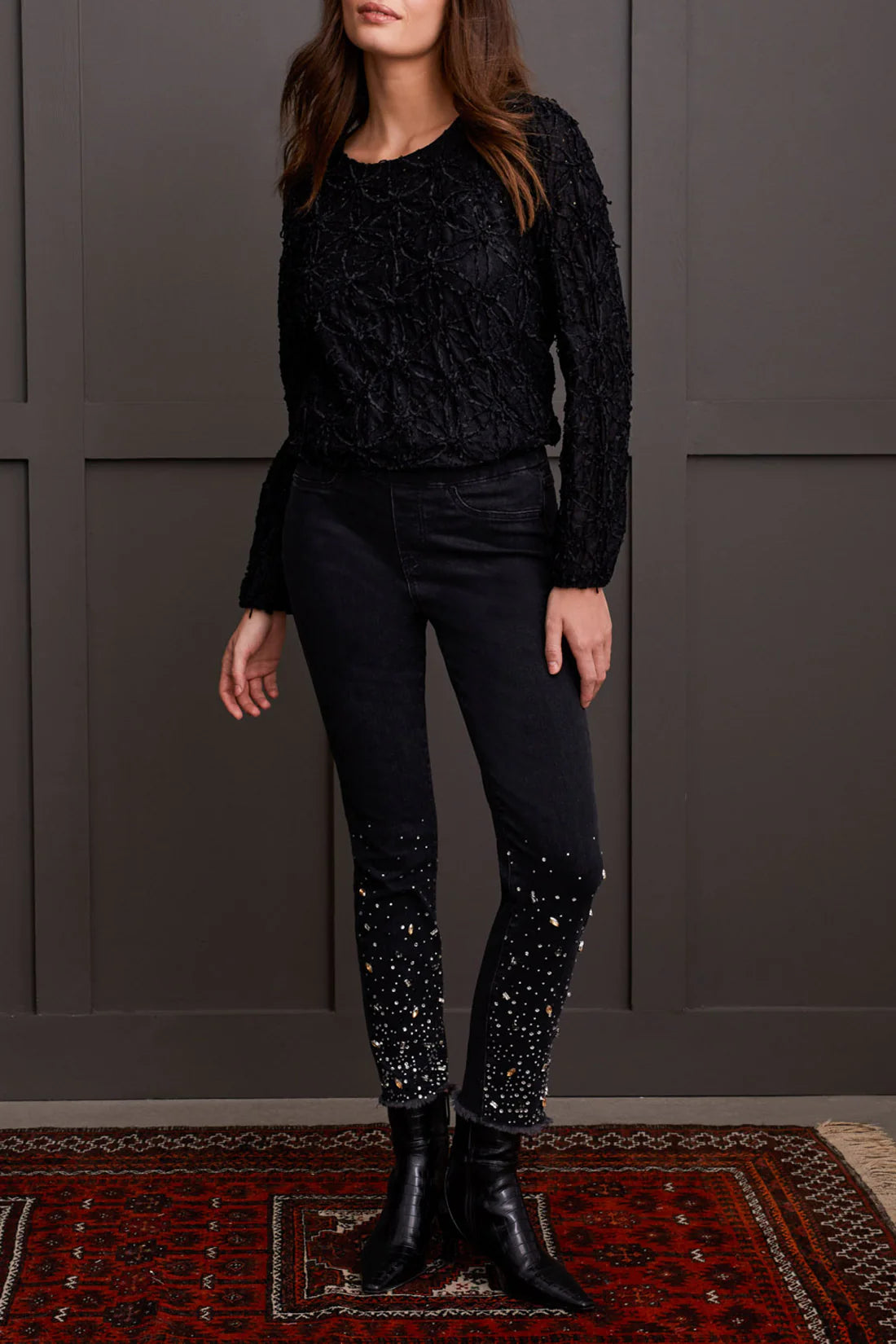 Tribal Audrey Pull-On Slim Black Jeans with Gems