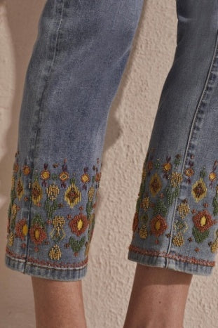 Tribal Audrey Pull-On Embroidered Hem Jeans