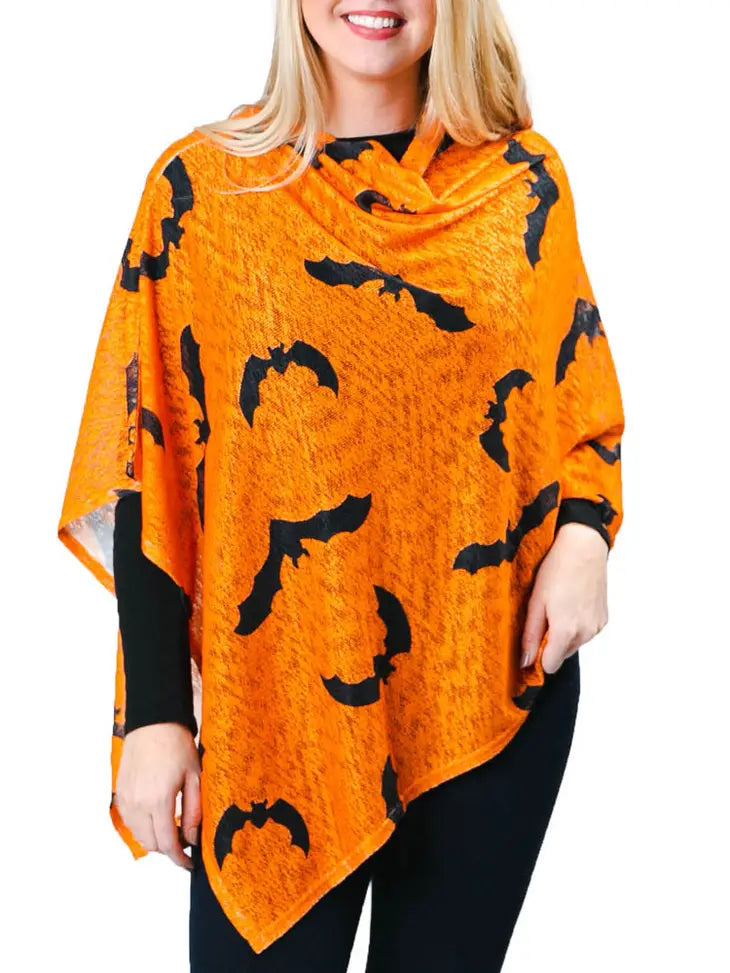 Orange Batty Halloween Printed Poncho