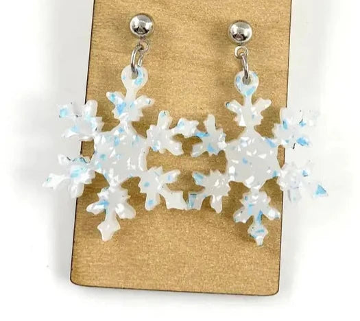 Fun Acrylic Blue Confetti Snowflake Earrings