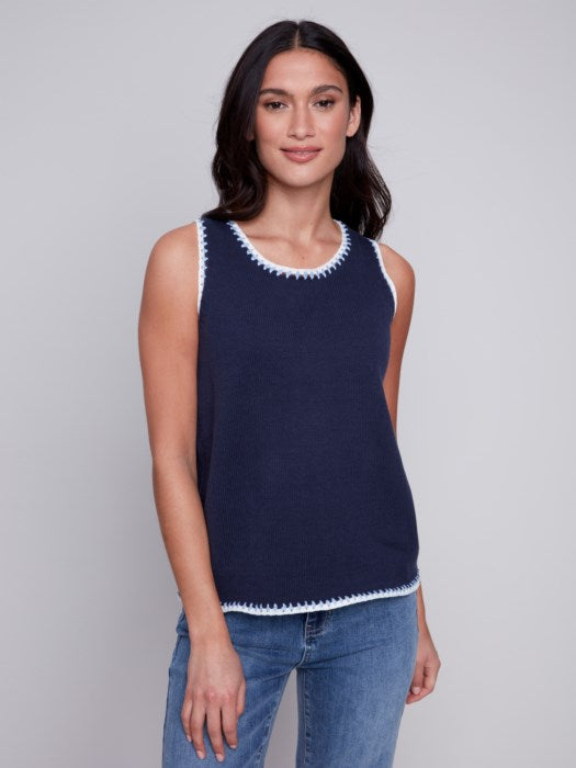 Charlie B Sleeveless Knit Top with Contrast Crochet Edge