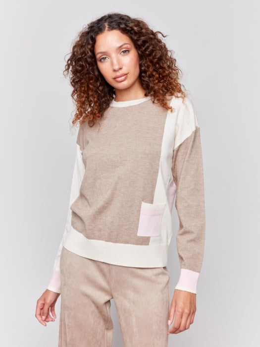 Charlie B Color Block Sweater with Pocket Detail