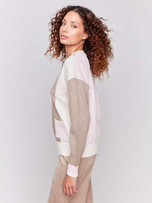 Charlie B Color Block Sweater with Pocket Detail