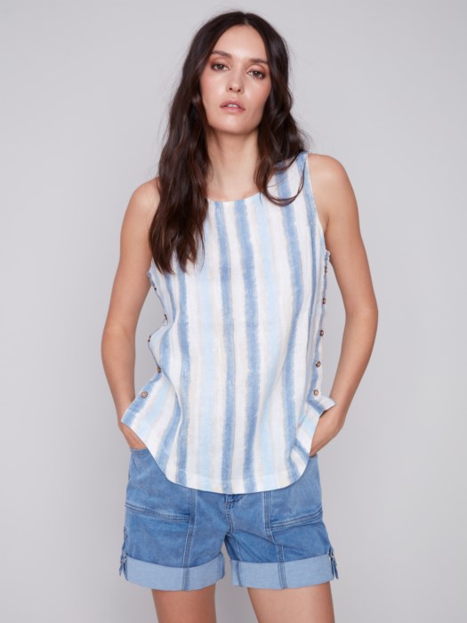 Charlie B Printed Linen Top with Side Buttons
