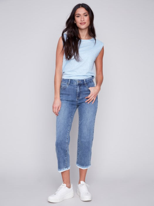 Charlie B Straight Leg Jeans with Embroidered Stitch Hem