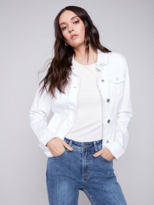 Charlie B Twill Jean Jacket with Frayed Edges