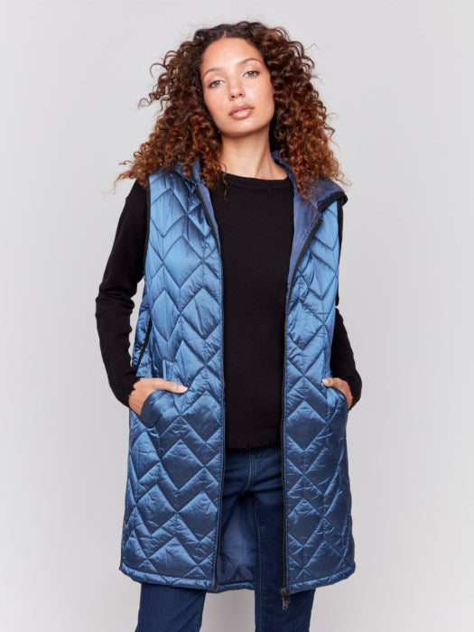 Charlie B Long Quilted Puffer Vest with Hood