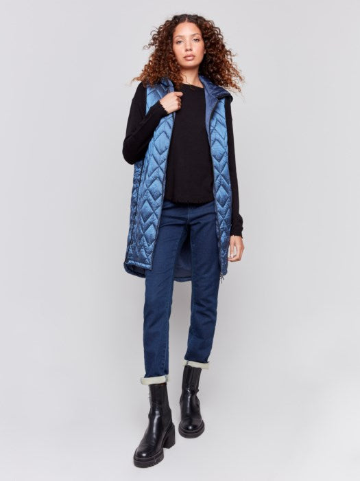 Charlie B Long Quilted Puffer Vest with Hood