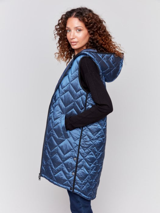 Charlie B Long Quilted Puffer Vest with Hood