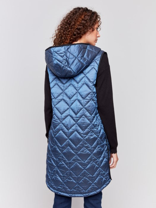 Charlie B Long Quilted Puffer Vest with Hood