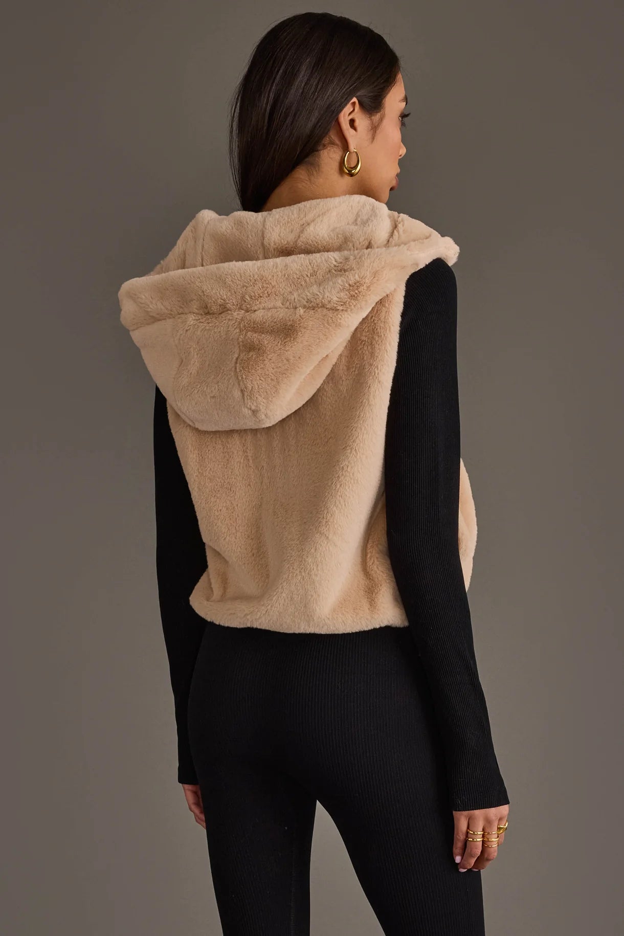 Cozy Faux Fur Hooded Zip-Up Vest | Beige