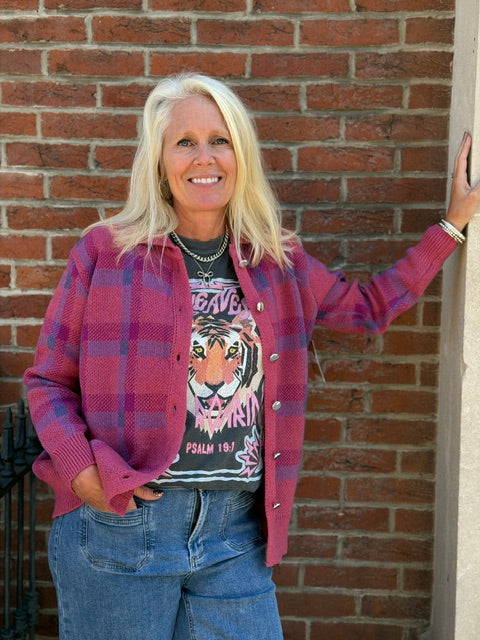 Plaid Collared Button Front Oversized Knit Sweater | Pink