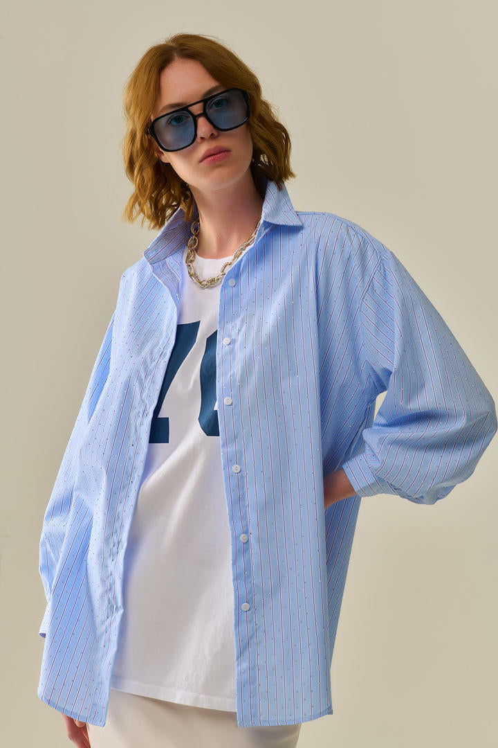 Blue Striped Poplin Shirt with Strass Detail