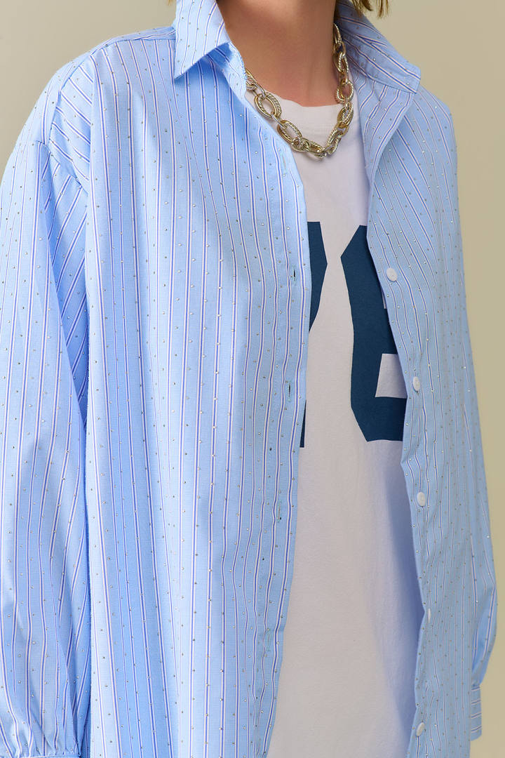 Blue Striped Poplin Shirt with Strass Detail