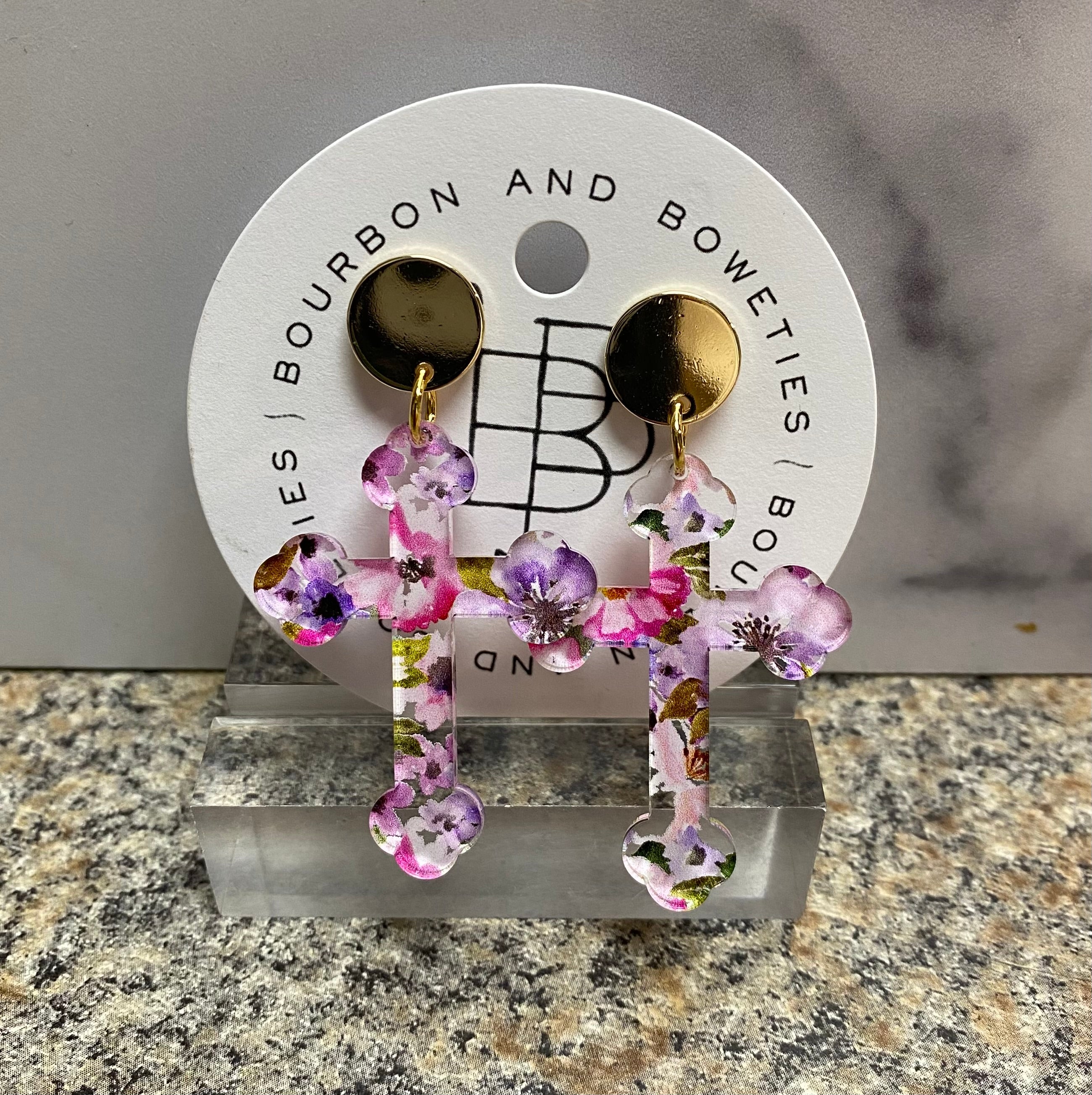 Bourbon & Boweties - Floral Pansy Cross Earrings