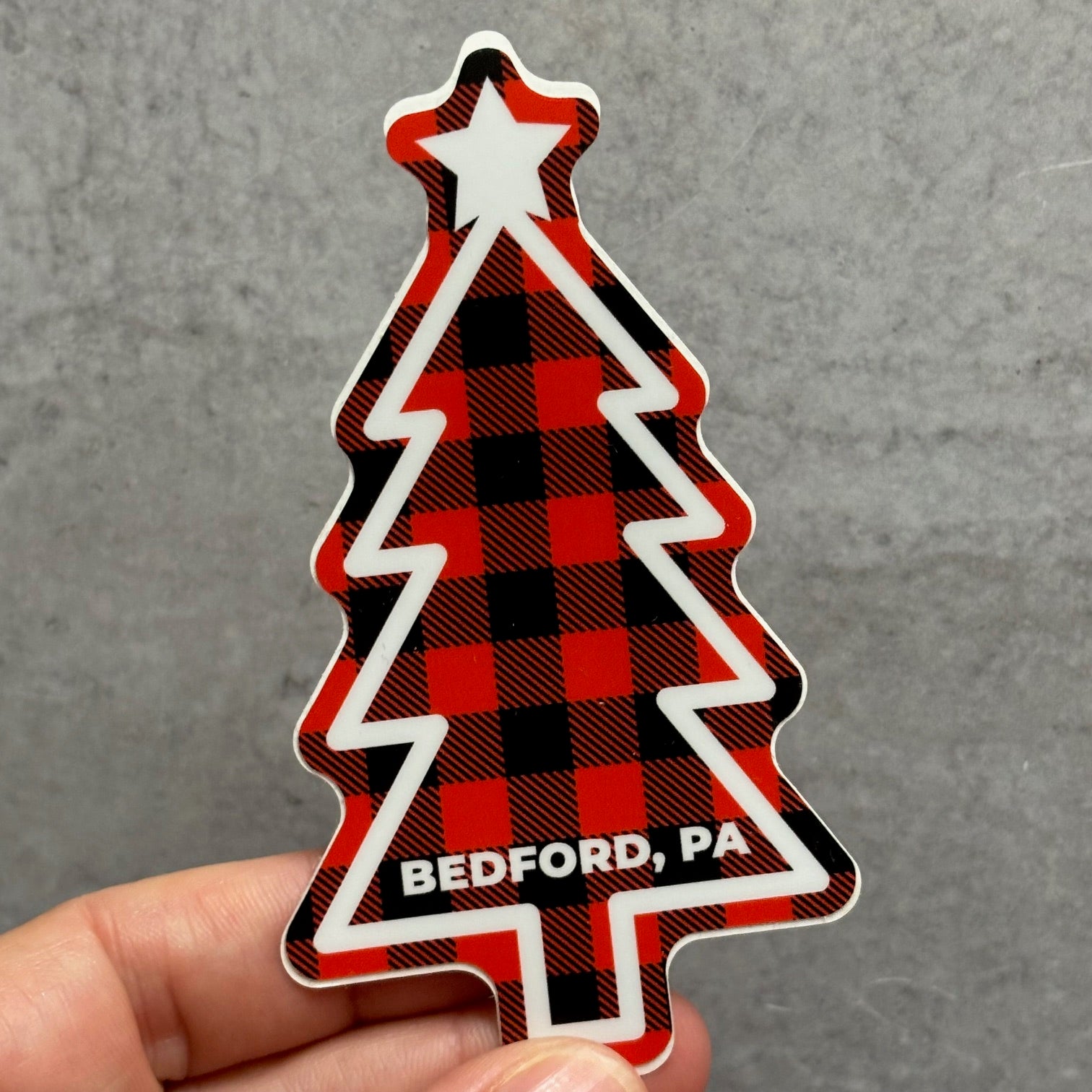 Bedford PA Red Plaid Christmas Tree Sticker