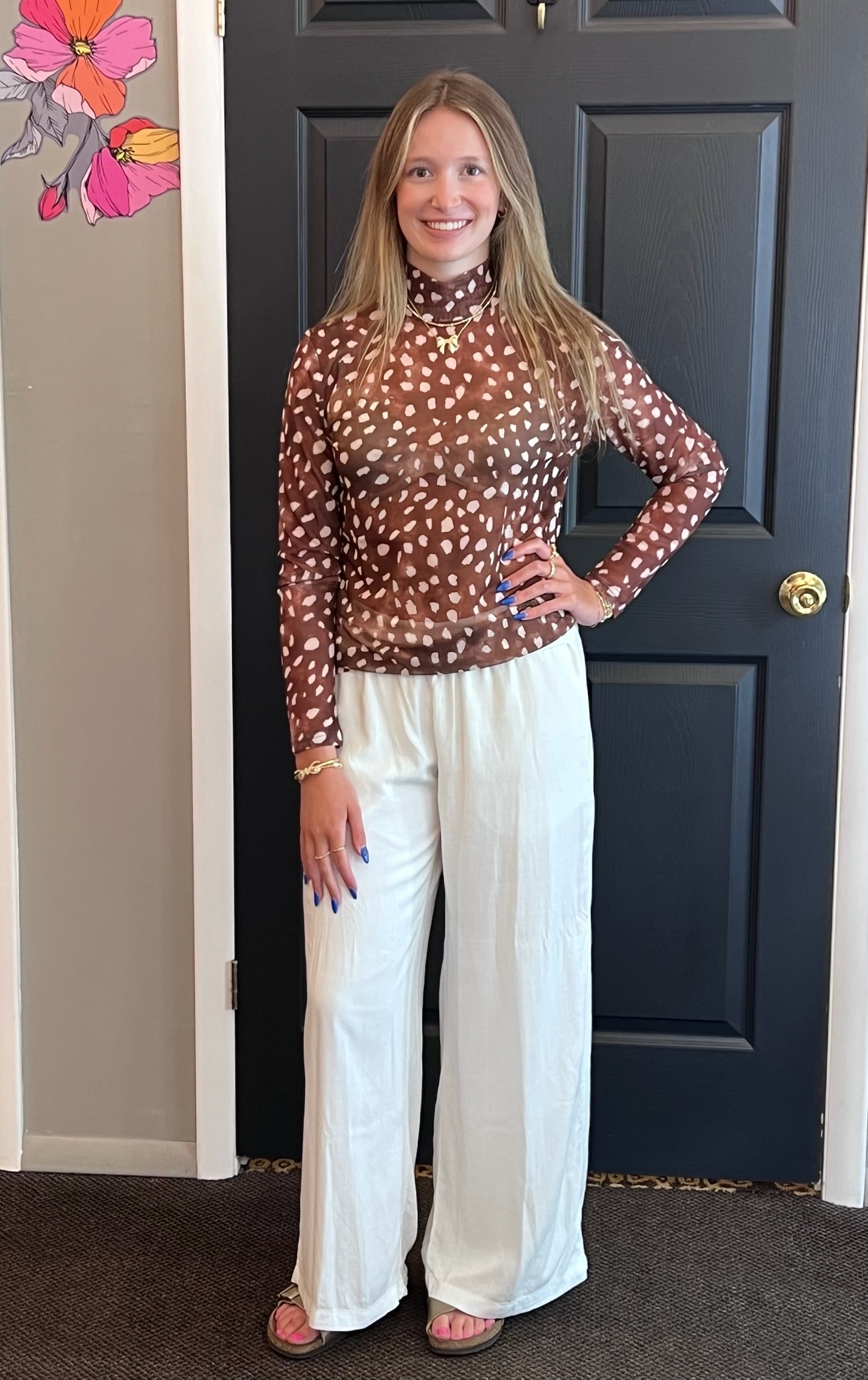Deer Print Sheer Shimmer Mock Neck Top