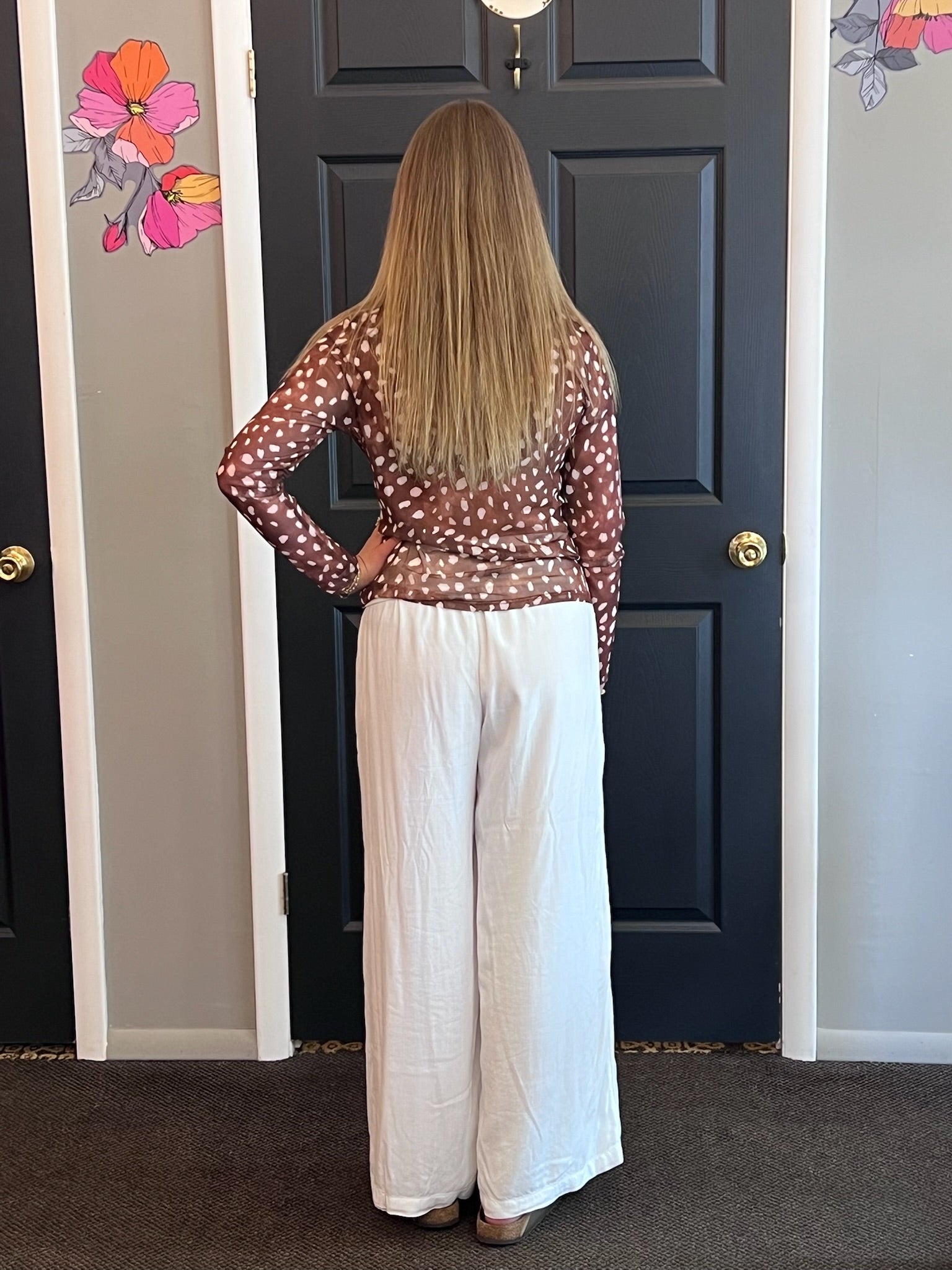Deer Print Sheer Shimmer Mock Neck Top