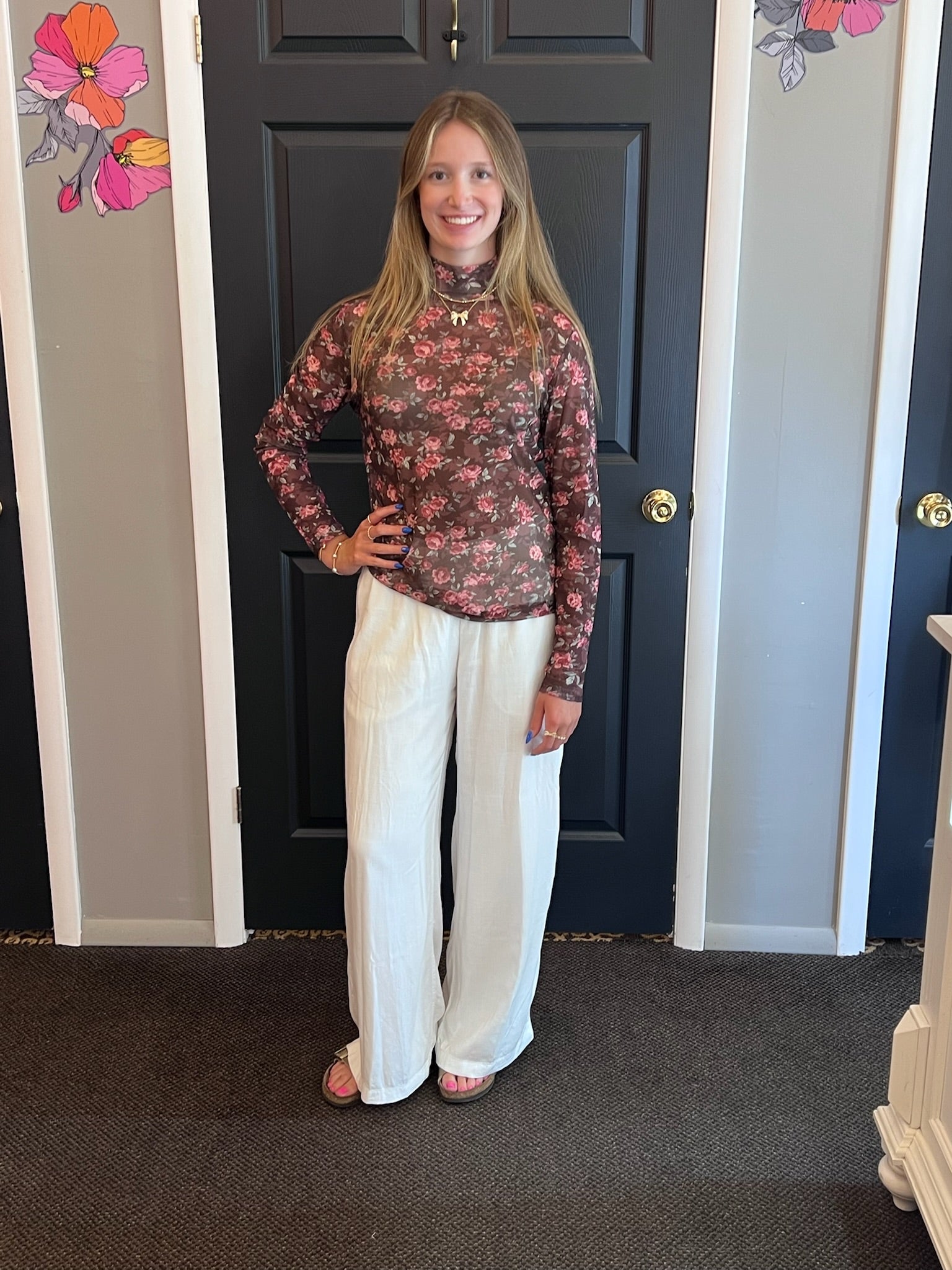 Floral Print Sheer Shimmer Mock Neck Top