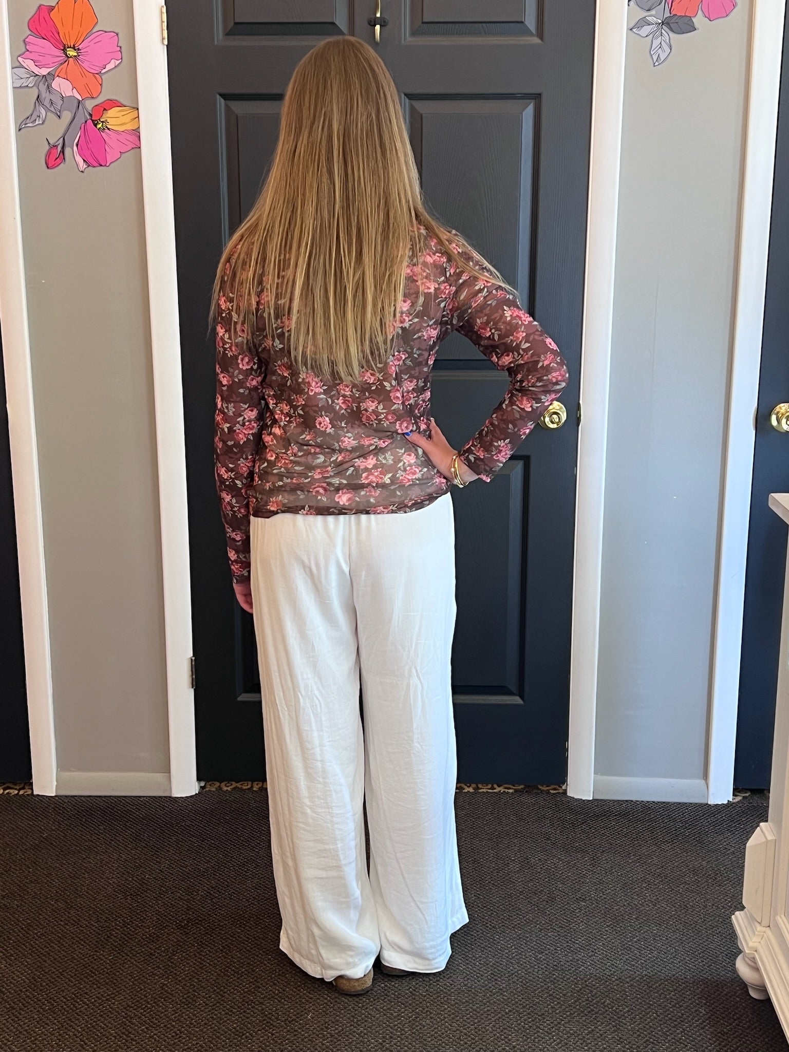 Floral Print Sheer Shimmer Mock Neck Top
