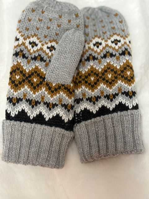 Gray, Camel, & Black Multi Patterned Mittens
