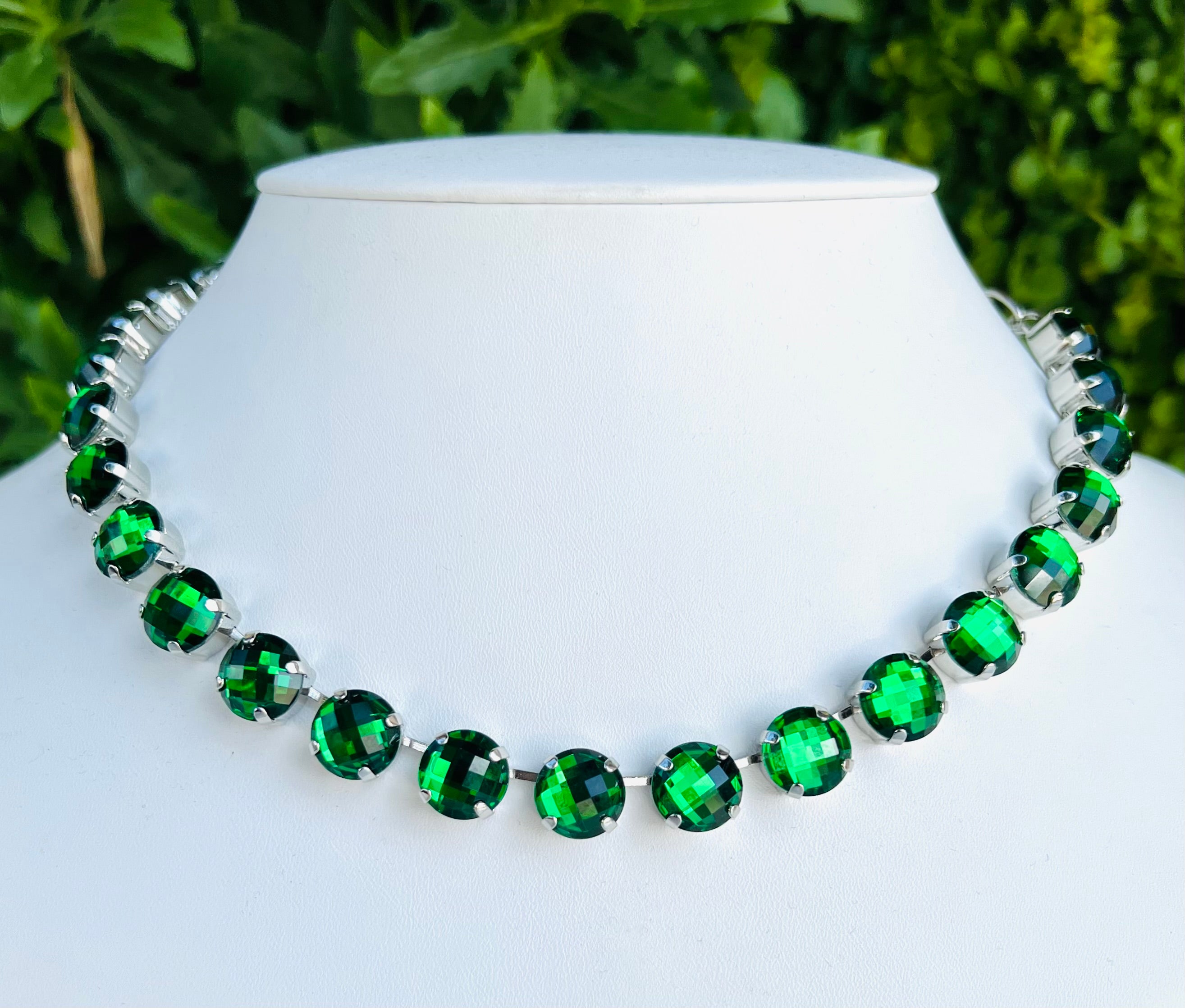 Mariana Silver Large Round Crystal Necklace in "Emerald Green"