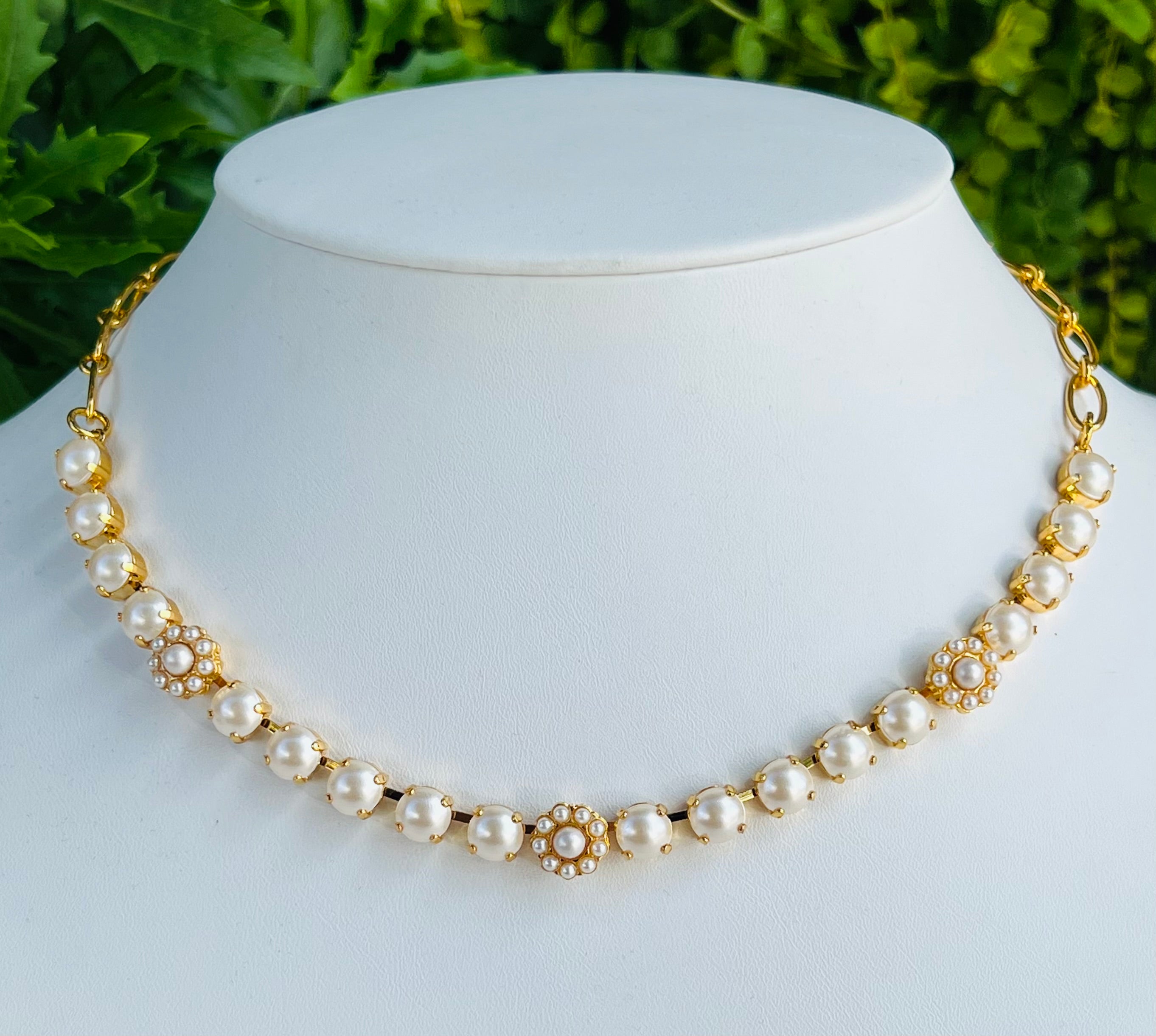 Mariana Gold Flower Crystal Necklace in "Pearl"