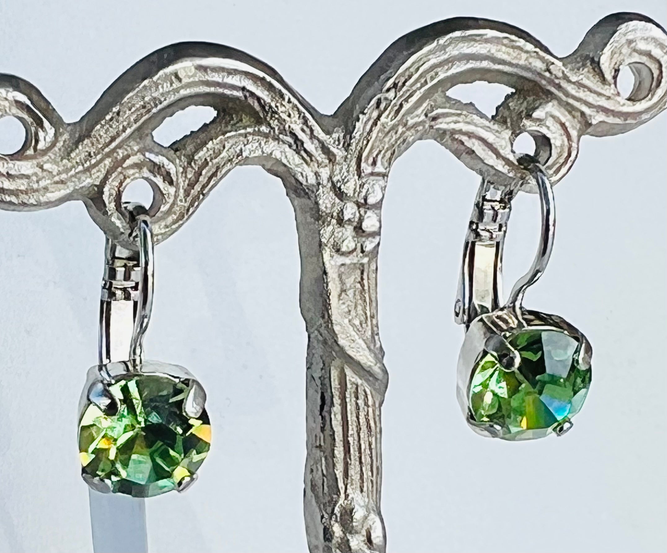 Mariana Silver Single Stone Leverback Crystal Earrings in "Peridot”