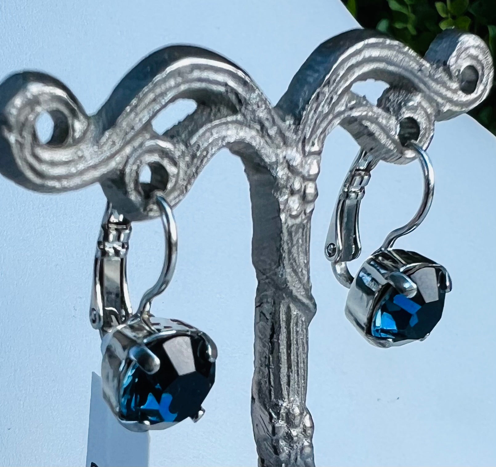 Mariana Silver Single Stone Leverback Crystal Earrings in “Montana Blue”