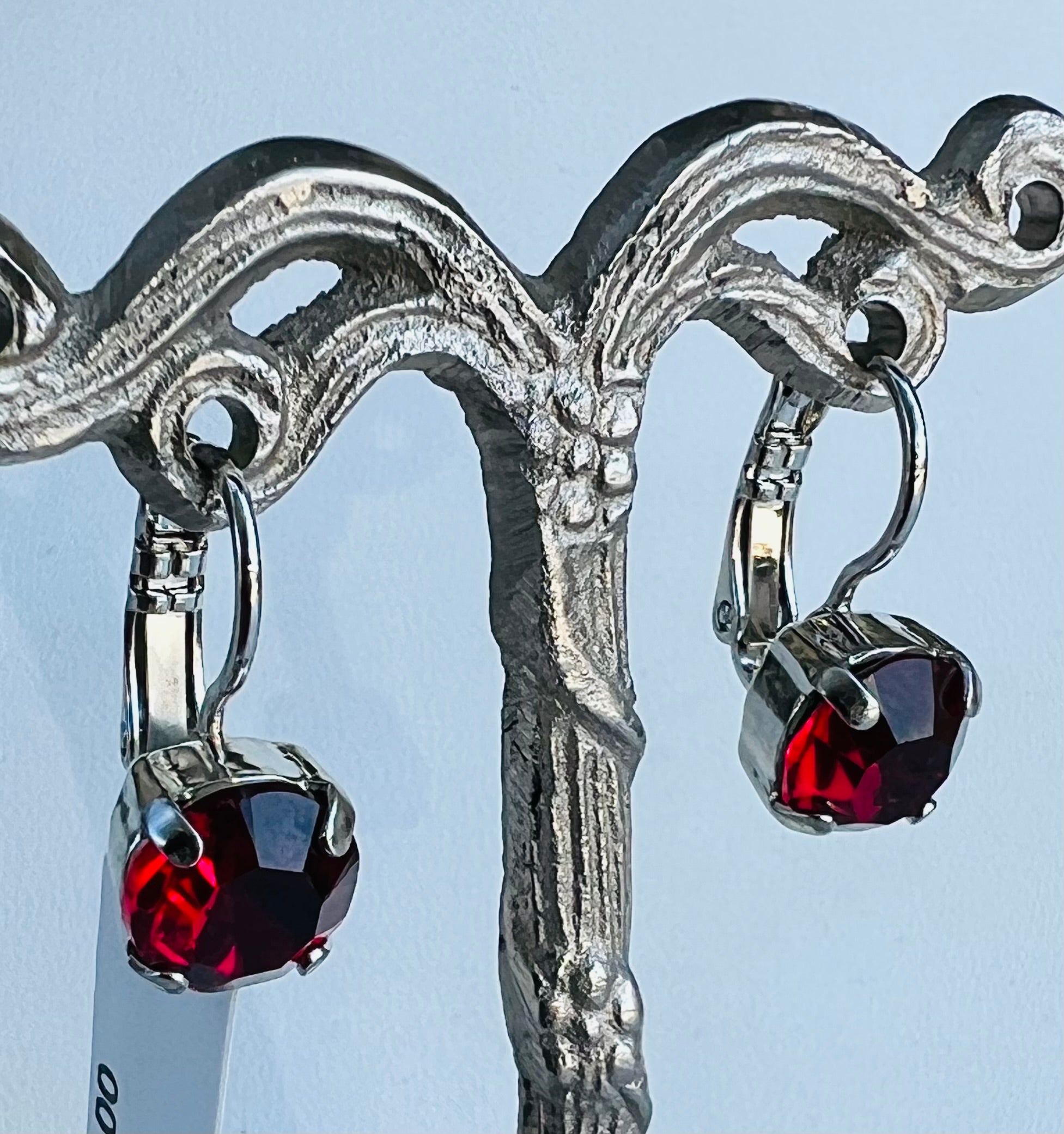 Mariana Silver Single Stone Leverback Crystal Earrings in "Ruby” Red