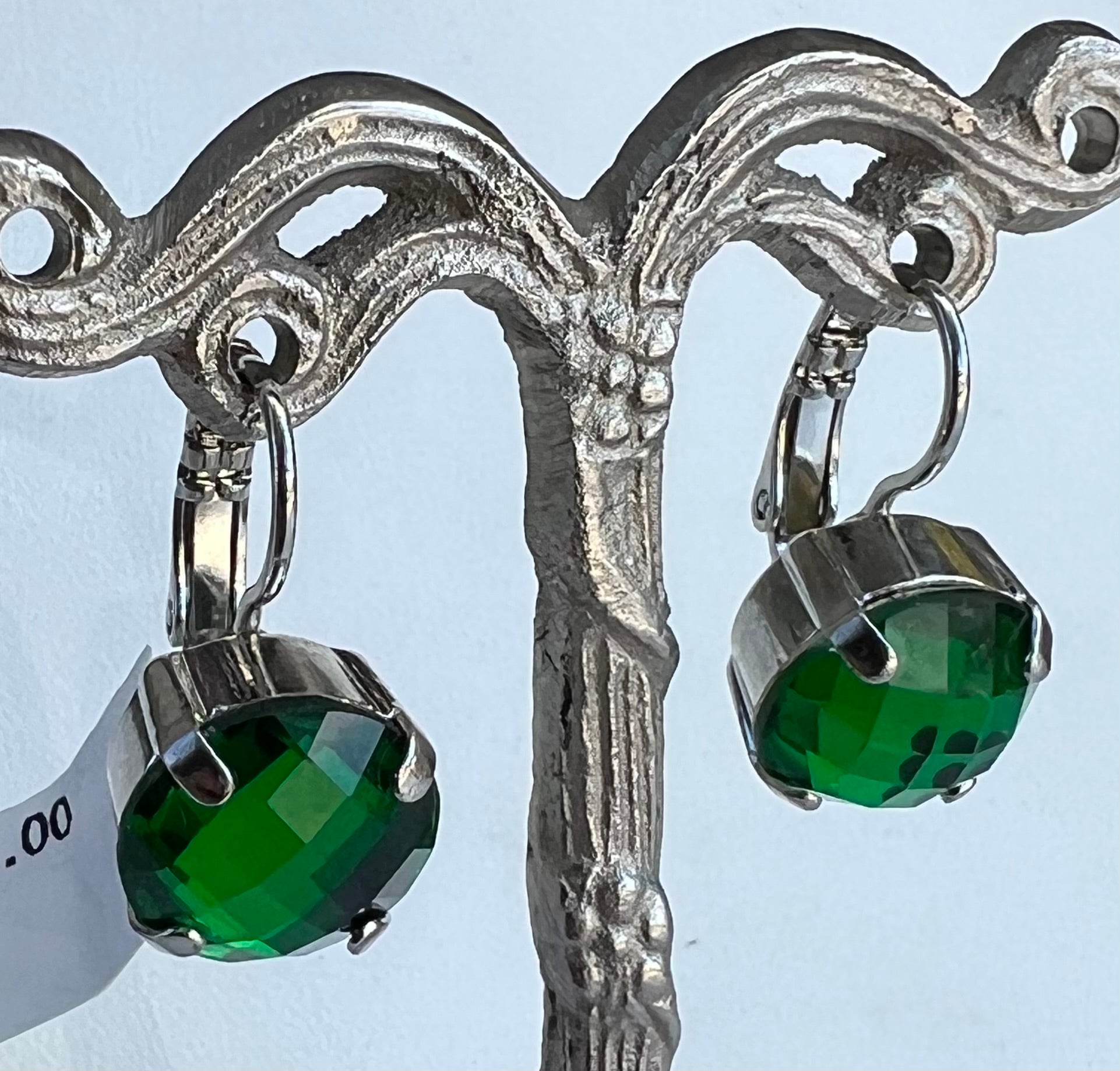 Mariana Silver Large Round Crystal Leverback Earrings in "Emerald Green"