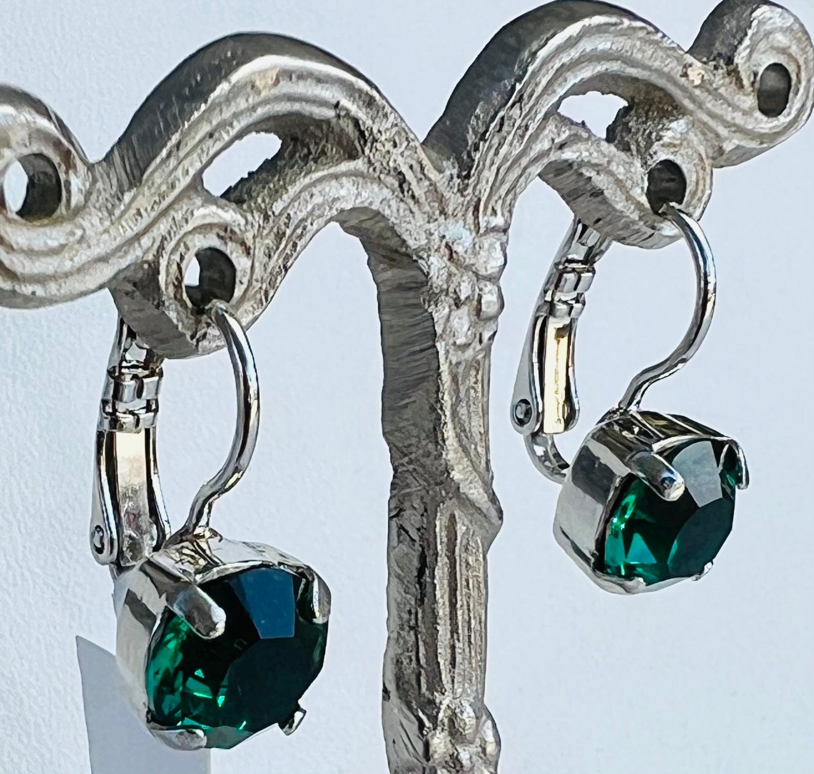 Mariana Silver Single Stone Leverback Crystal Earrings in "Emerald” Green