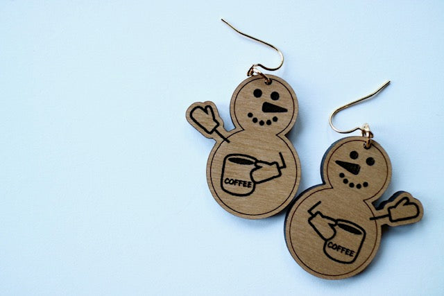 Wooden Snowman Coffee Mug Earrings