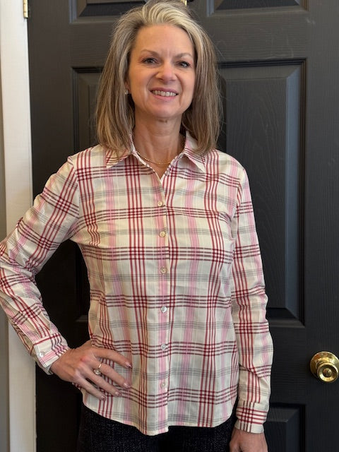 Renuar Woven Plaid Button-Down Blouse | Scarlet Combo