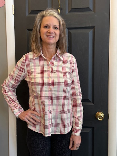 Renuar Woven Plaid Button-Down Blouse | Scarlet Combo
