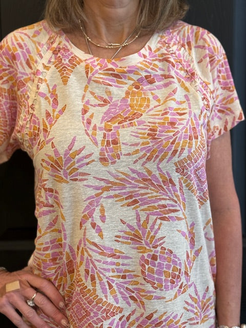 Tribal Short Sleeve Scoop Neck Top with Pleating Detail | Terracota