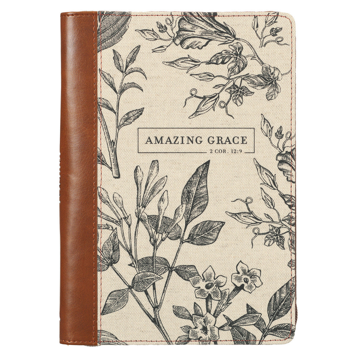 Amazing Grace Natural Canvas and Faux Leather Journal with Zipper Closure - 2 Corinthians 12:9