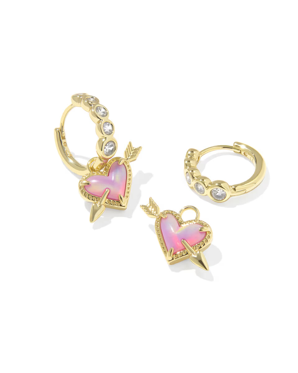Kendra Scott Ari Heart Arrow Gold Convertible Huggie Earrings- Pink Opalescent