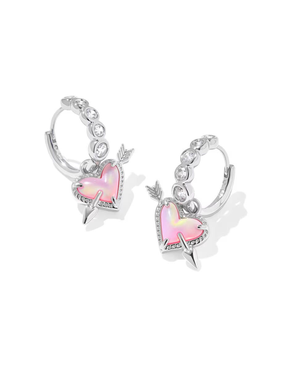 Kendra Scott Ari Heart Arrow Silver Convertible Huggie Earrings- Pink Opalescent
